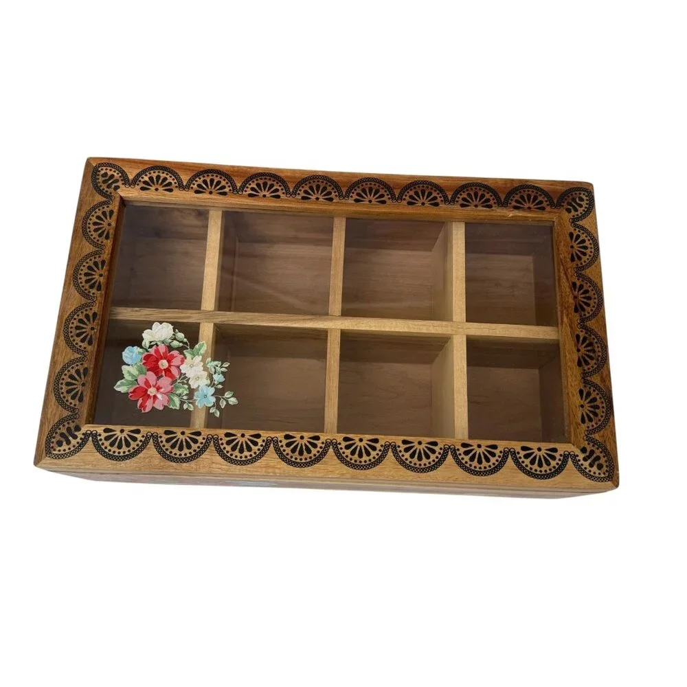 THE PIONEER WOMAN Wooden Tea Box Organizer Country Vintage Floral 8 Compartments - Picture 5 of 16